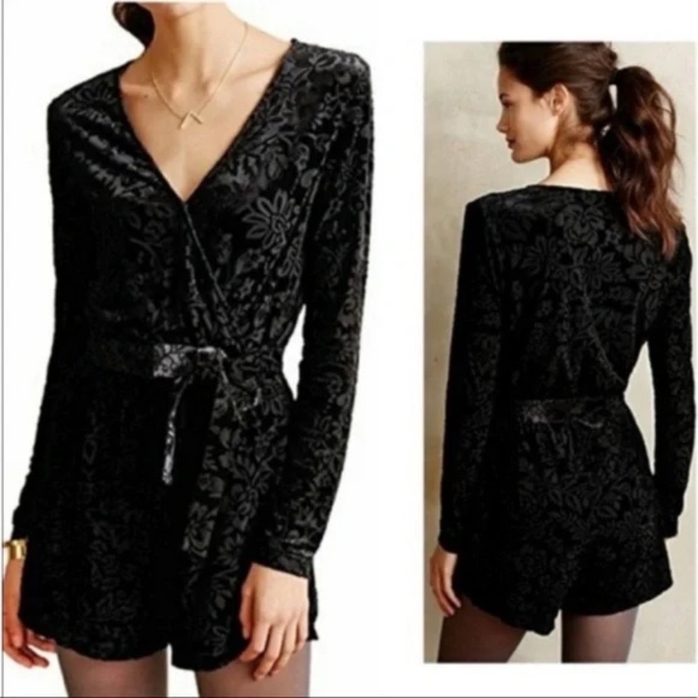 Saylor Anthropologie Black Burnout Velvet Long Sleeve Romper Medium Indie Witchy